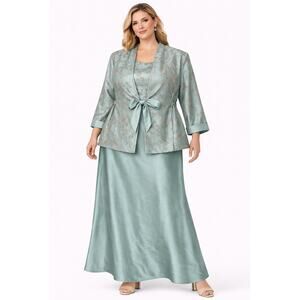 2000s R&M Richards seafoam brocade jacket & satin dress set size 18